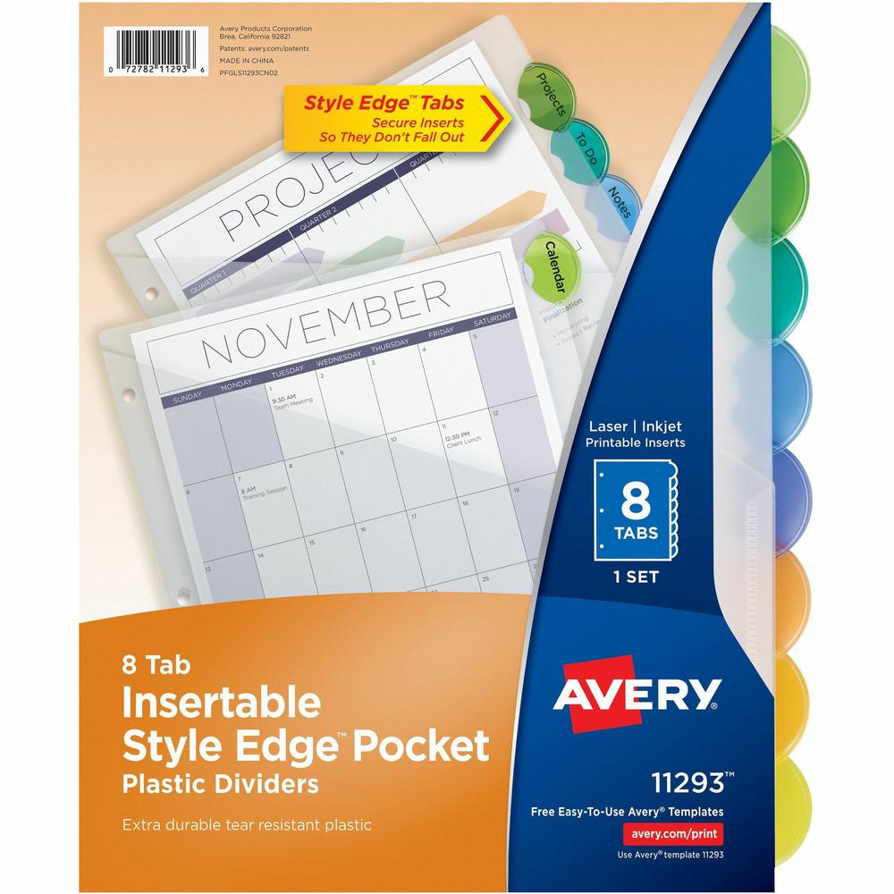 Avery&reg; Insertable Style Edge Plastic Dividers with Pockets, 8-tab - 8 x Divider(s) - 8 - 8 Tab(s)/Set - 9.3" Divider Width x 11.25" Divider Length - 3 Hole Punched - Translucent Plastic Divider - . Picture 1