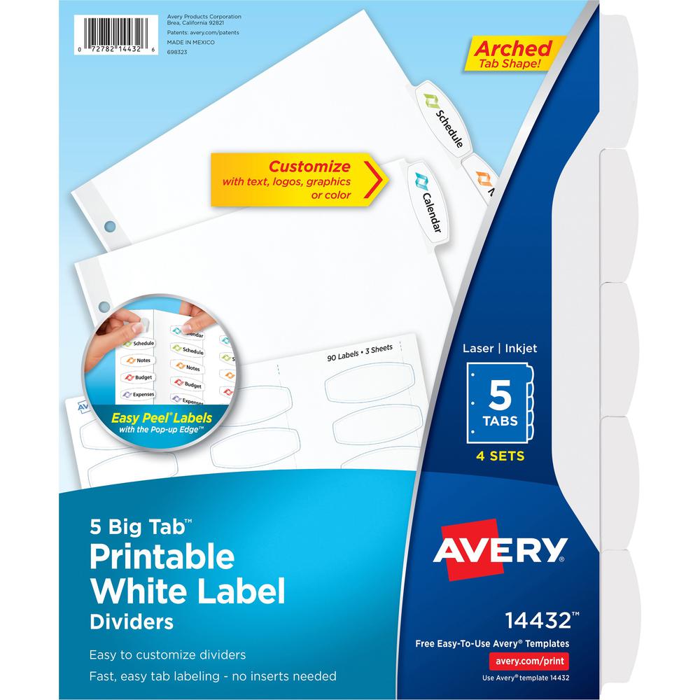 Avery&reg; Big Tab Printable Label Dividers, Easy Peel Labels, 5 Tabs - 20 x Divider(s) - 5 - 5 Tab(s)/Set - 8.5" Divider Width x 11" Divider Length - 3 Hole Punched - White Paper Divider - White Pape. Picture 1