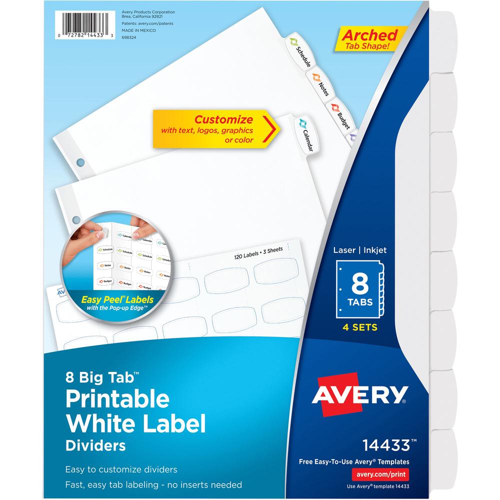 Avery&reg; Big Tab Printable Label Dividers, Easy Peel Labels, 8 Tabs - 32 x Divider(s) - 8 - 8 Tab(s)/Set - 8.5" Divider Width x 11" Divider Length - 3 Hole Punched - White Paper Divider - White Pape. Picture 1