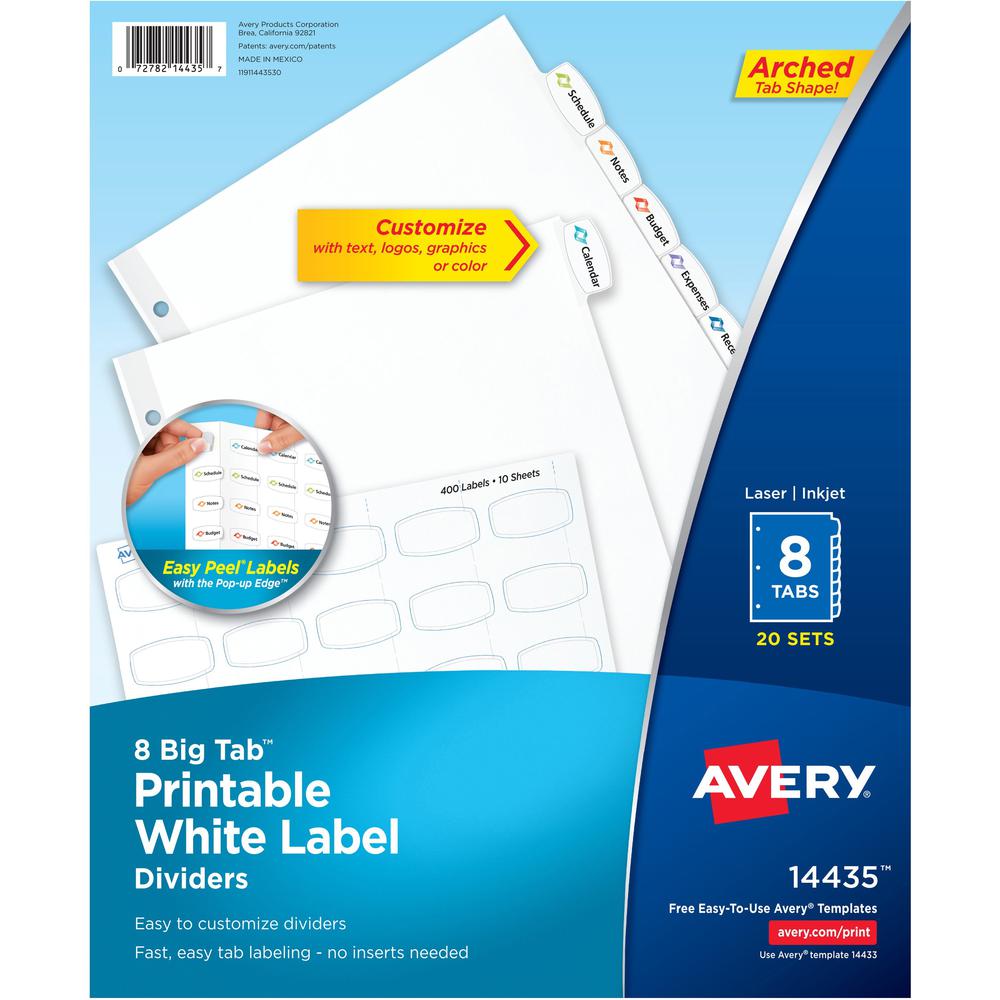 Avery&reg; Big Tab Printable White Label Dividers - 160 x Divider(s) - 8 - 8 Tab(s)/Set - 8.5" Divider Width x 11" Divider Length - 3 Hole Punched - White Paper Divider - White Paper Tab(s) - Recycled. Picture 1
