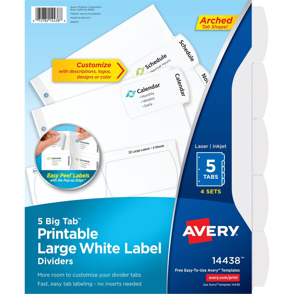 Avery&reg; Big Tab Printable Large White Label Dividers - 20 x Divider(s) - 5 - 5 Tab(s)/Set - 8.5" Divider Width x 11" Divider Length - 3 Hole Punched - White Paper Divider - White Paper Tab(s) - Rec. Picture 1