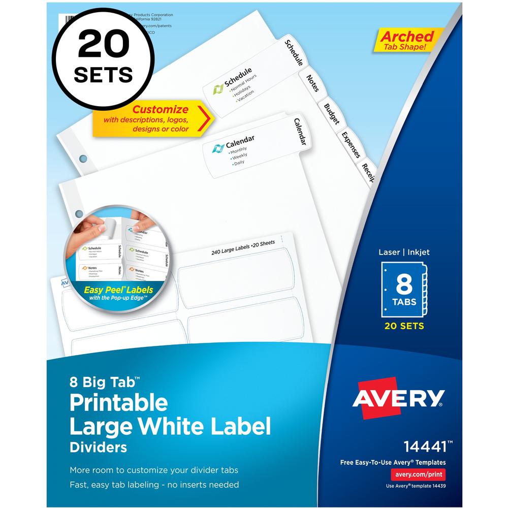 Avery&reg; Big Tab Printable Large White Dividers with Easy Peel, 8 Tabs - 160 x Divider(s) - 8 - 8 Tab(s)/Set - 8.5" Divider Width x 11" Divider Length - 3 Hole Punched - White Paper Divider - White . Picture 1