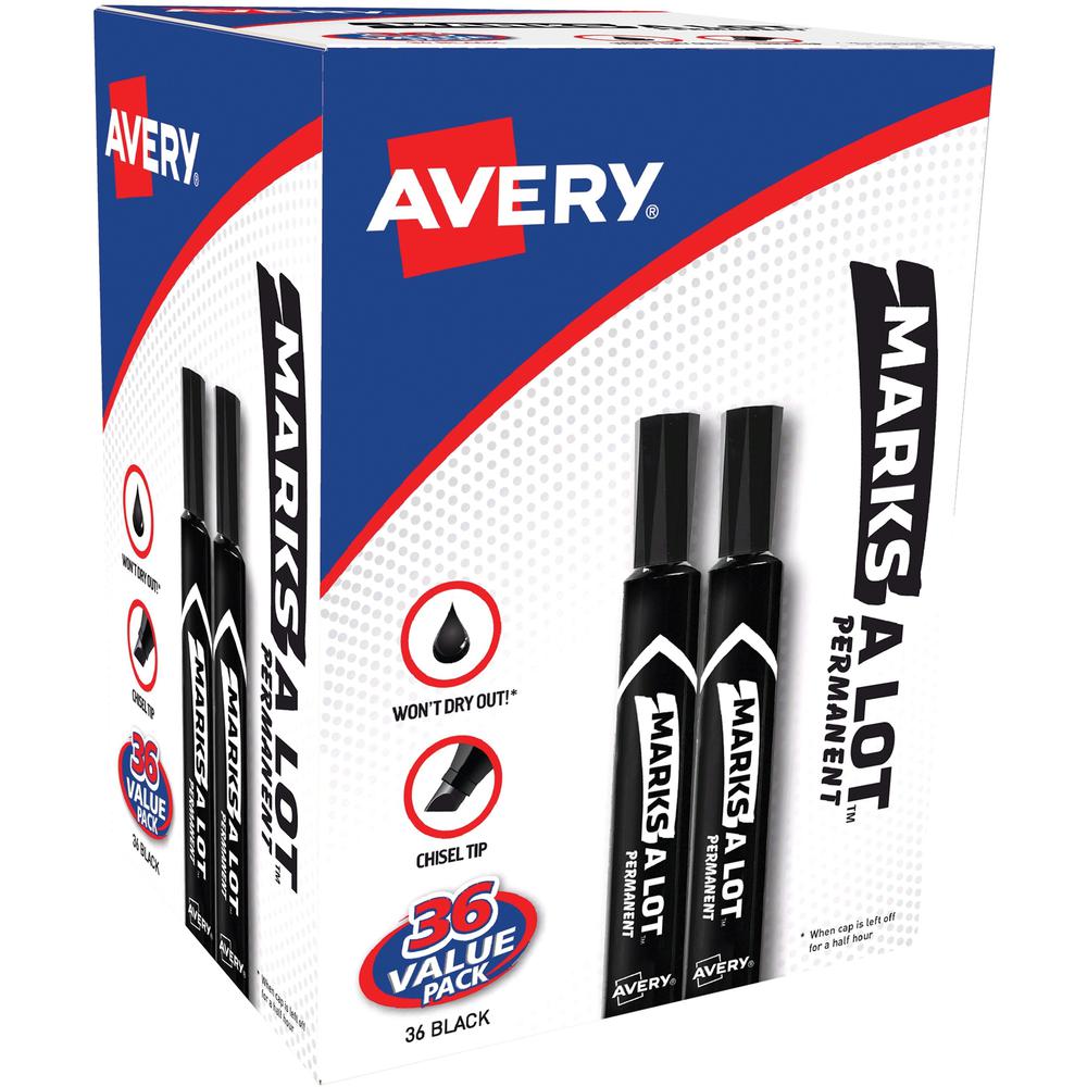 Avery&reg; Marks A Lot Permanent Markers - Large Desk-Style Size - 4.7625 mm Marker Point Size - Chisel Marker Point Style - Black - 36 / Box. Picture 1