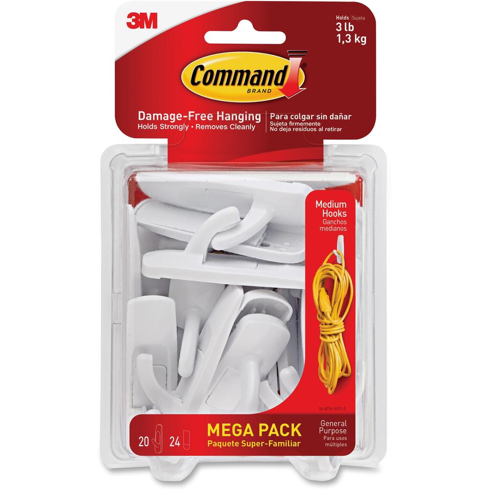 Command Medium Utility Hook Mega Pack - 3 lb (1.36 kg) Capacity - for Multipurpose, Paint, Wood, Tile - White - 20 / Pack. Picture 1