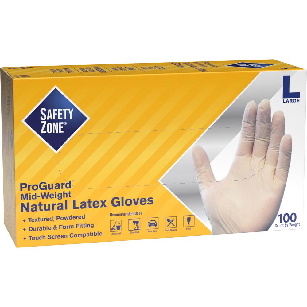 Safety Zone Powdered Natural Latex Gloves - Polymer Coating - Large Size - Natural - Allergen-free, Silicone-free, Powdered - 9.65" Glove Length. Picture 1