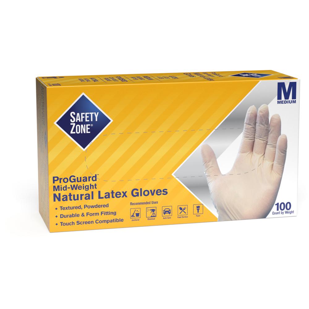 Safety Zone Powdered Natural Latex Gloves - Polymer Coating - Medium Size - Natural - Allergen-free, Silicone-free, Powdered - 9.65" Glove Length. Picture 1