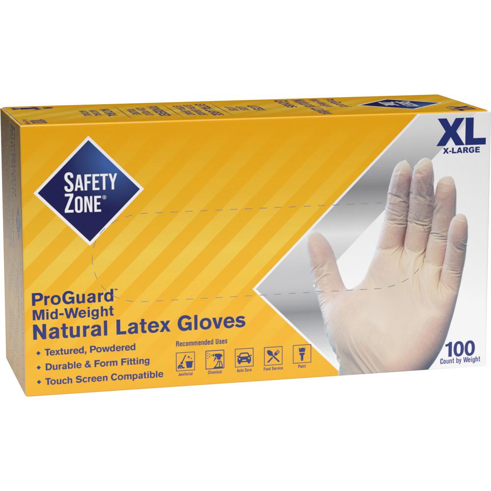 Safety Zone Powdered Natural Latex Gloves - Polymer Coating - X-Large Size - Natural - Allergen-free, Silicone-free, Powdered - 9.65" Glove Length. Picture 1