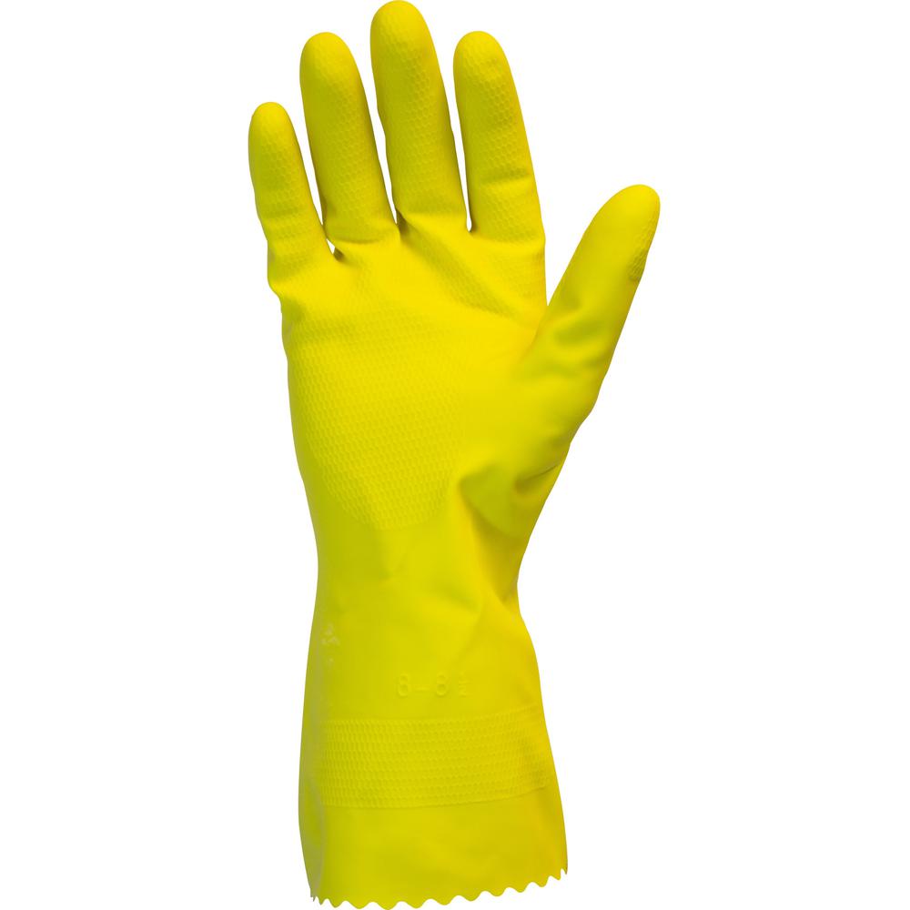Safety Zone Yellow Flock Lined Latex Gloves - Chemical Protection - Small Size - Yellow - Fish Scale Grip, Flock-lined - For Dishwashing, Cleaning, Meat Processing - 18 mil Thickness - 12" Glove Lengt. Picture 1