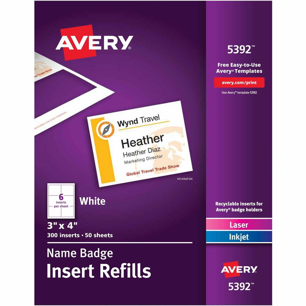 Avery&reg; Laser/Inkjet Badge Insert Refills - Laser, Inkjet - White - Card Stock - 6 / Sheet - 300 Total Label(s) - 300 / Box. The main picture.