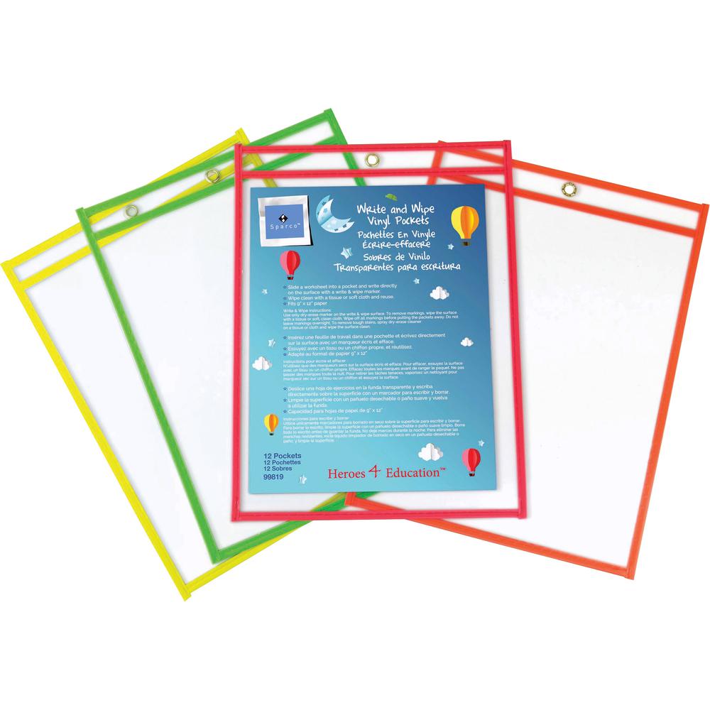 Sparco Write-and-wipe Vinyl Pockets - 9" (0.8 ft) Width x 12" (1 ft) Height - Assorted Frame - 12 / Set. The main picture.
