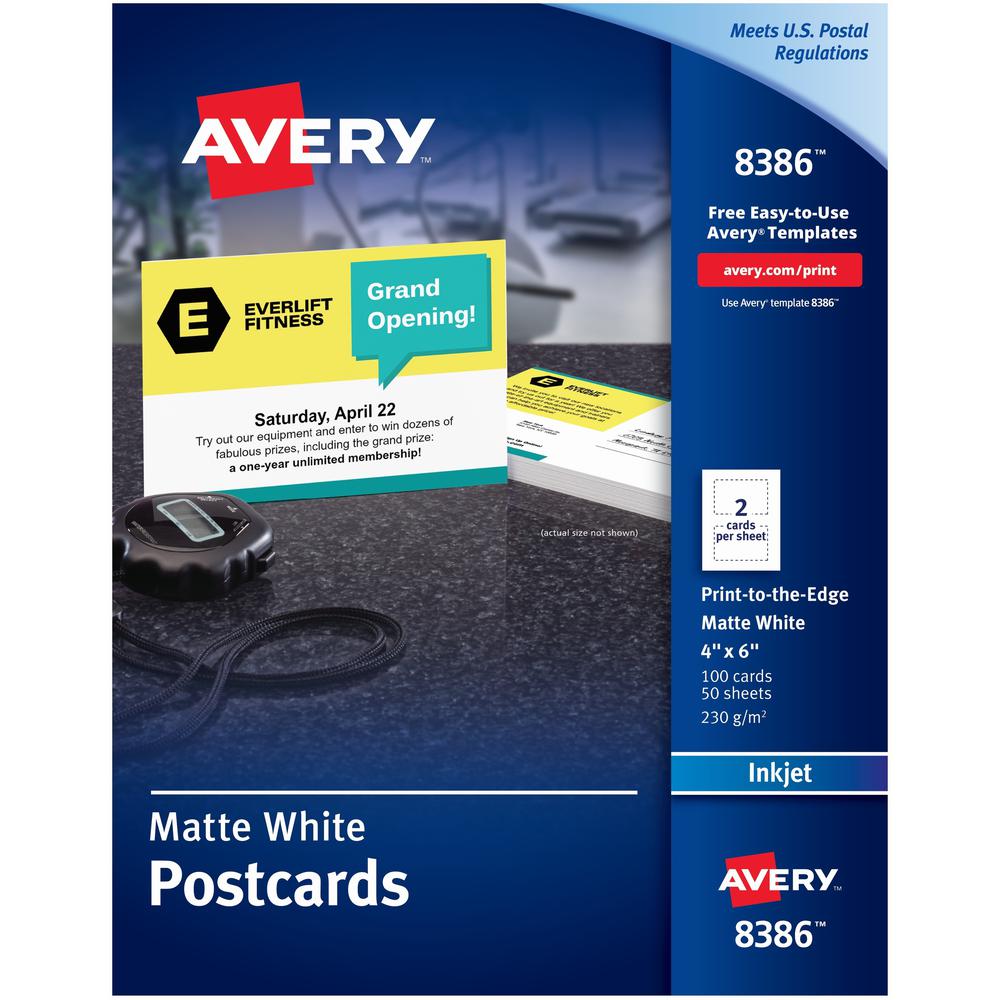 Avery&reg; Sure Feed Postcards - 97 Brightness6" x 4" - Matte - 100 / Box - FSC Mix - Perforated, Heavyweight, Rounded Corner, Print-to-the-edge, Recyclable. The main picture.