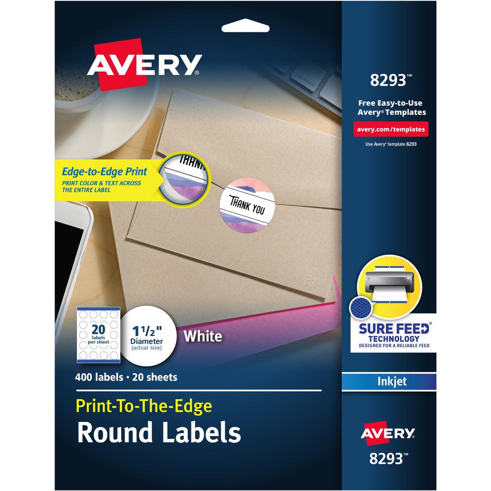 Avery&reg; High Visibility Round Labels - - Width1 1/2" Diameter - Permanent Adhesive - Round - Inkjet - White - Paper - 20 / Sheet - 20 Total Sheets - 400 Total Label(s) - 20 / Pack - Print-to-the Ed. Picture 1