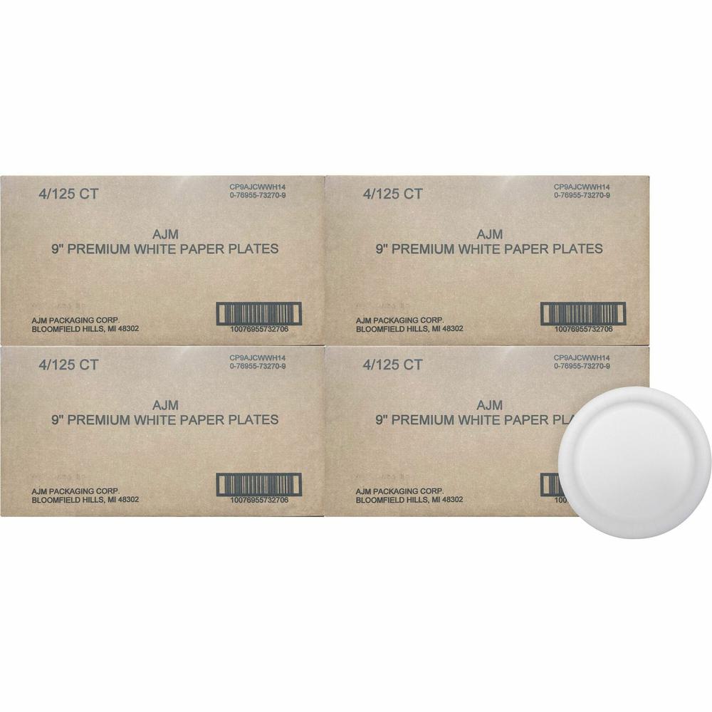 AJM Packaging Coated Paper Plates - 125 / Pack - 9" Diameter Plate - Paper - Disposable - White - 500 Piece(s) / Carton. The main picture.