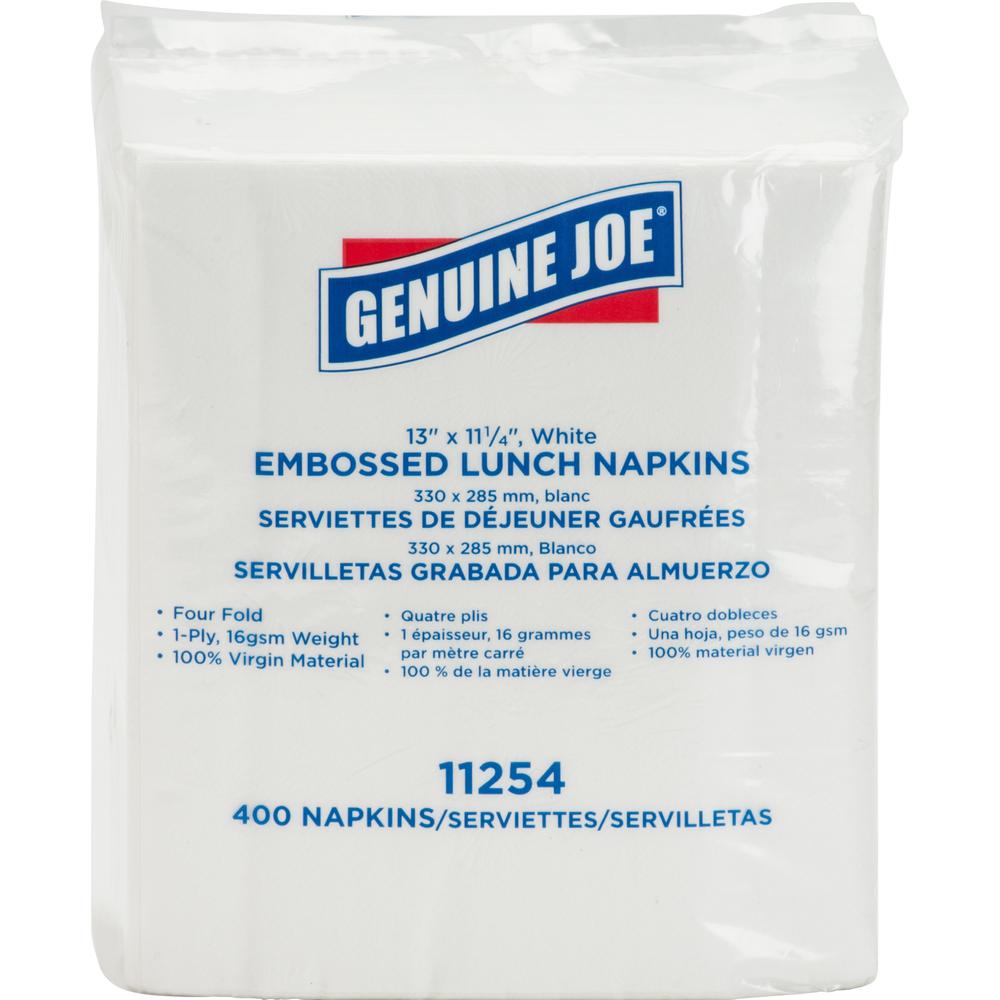 Genuine Joe 1-ply Embossed Lunch Napkins - 1 Ply - Quarter-fold - 13" x 11.25" - White - Embossed, Soft, Versatile - For Lunch Quantity Per Carton - 2400 / Carton. Picture 1