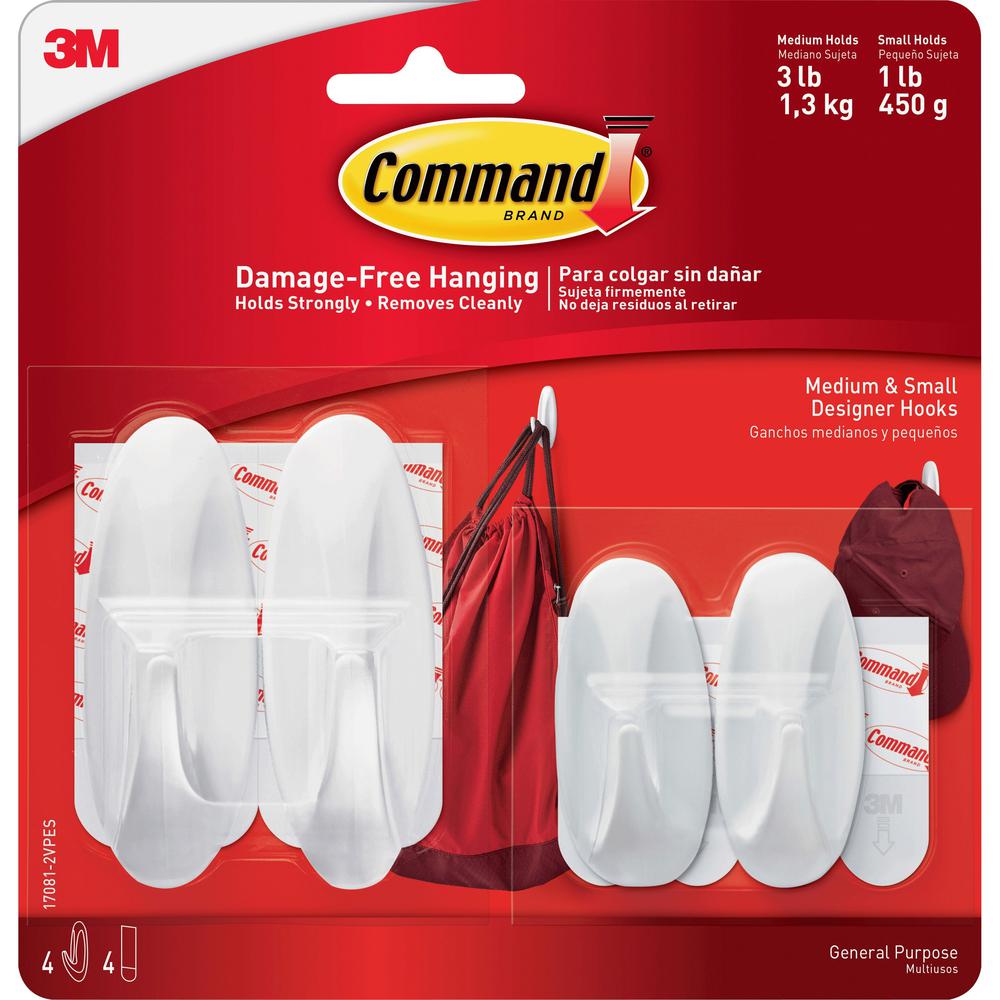 Command Small/Medium Designer Hook Value Pack - 3 lb (1.36 kg) Capacity - White - 4 / Pack. Picture 1