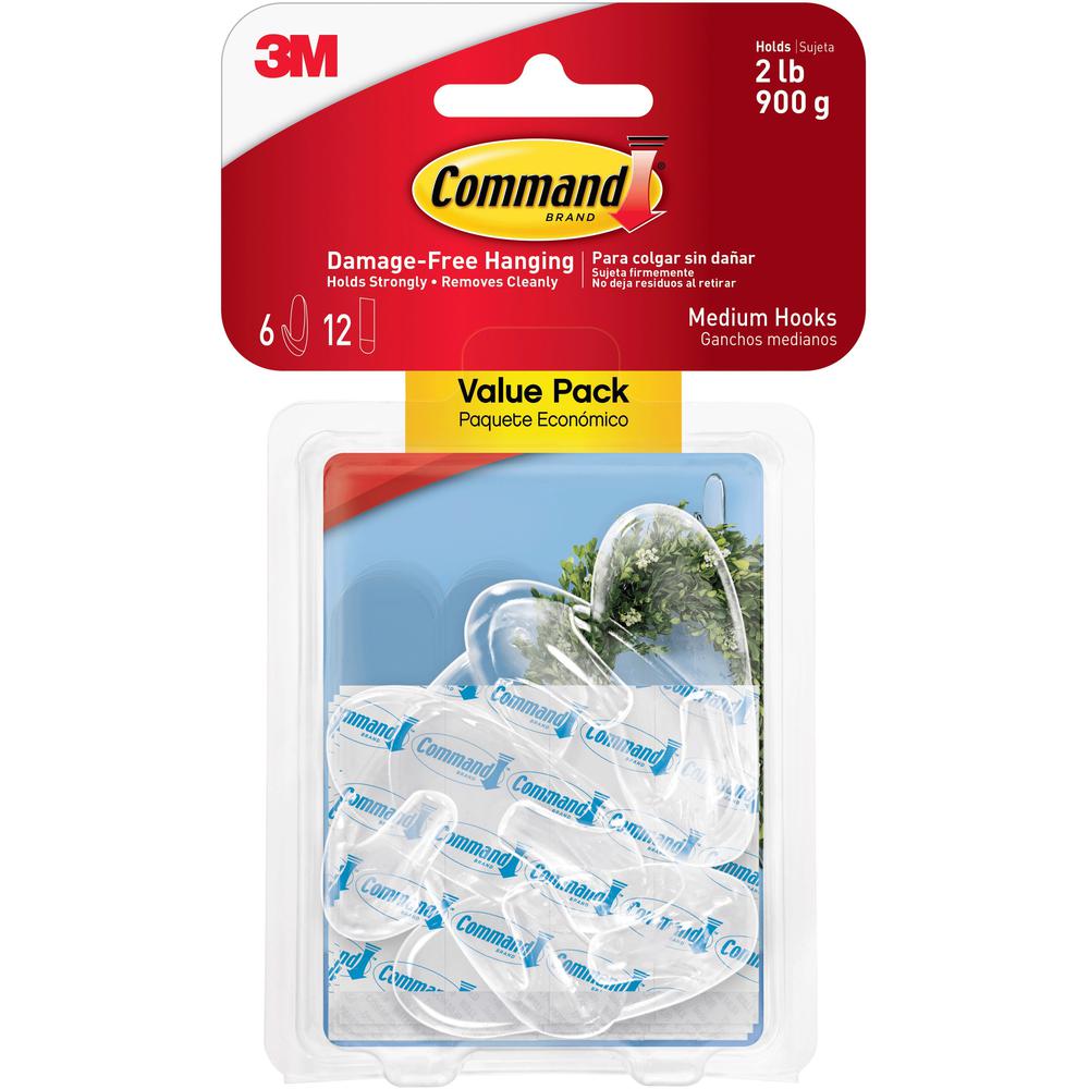 Command Medium Hooks - 2 lb (907.2 g) Capacity - Clear - 12 / Pack. Picture 1