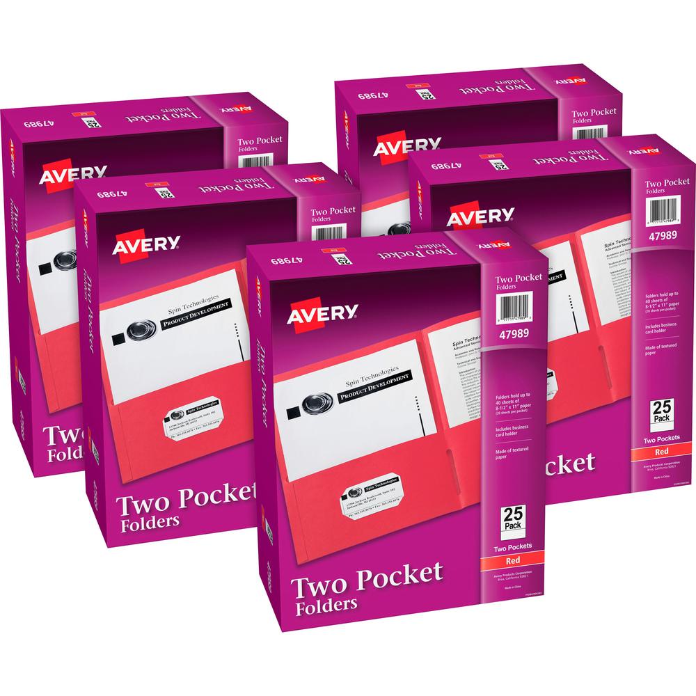Avery&reg; Letter Pocket Folder - 8 1/2" x 11" - 40 Sheet Capacity - 2 Internal Pocket(s) - Embossed Paper - Red - 125 / Carton. Picture 1
