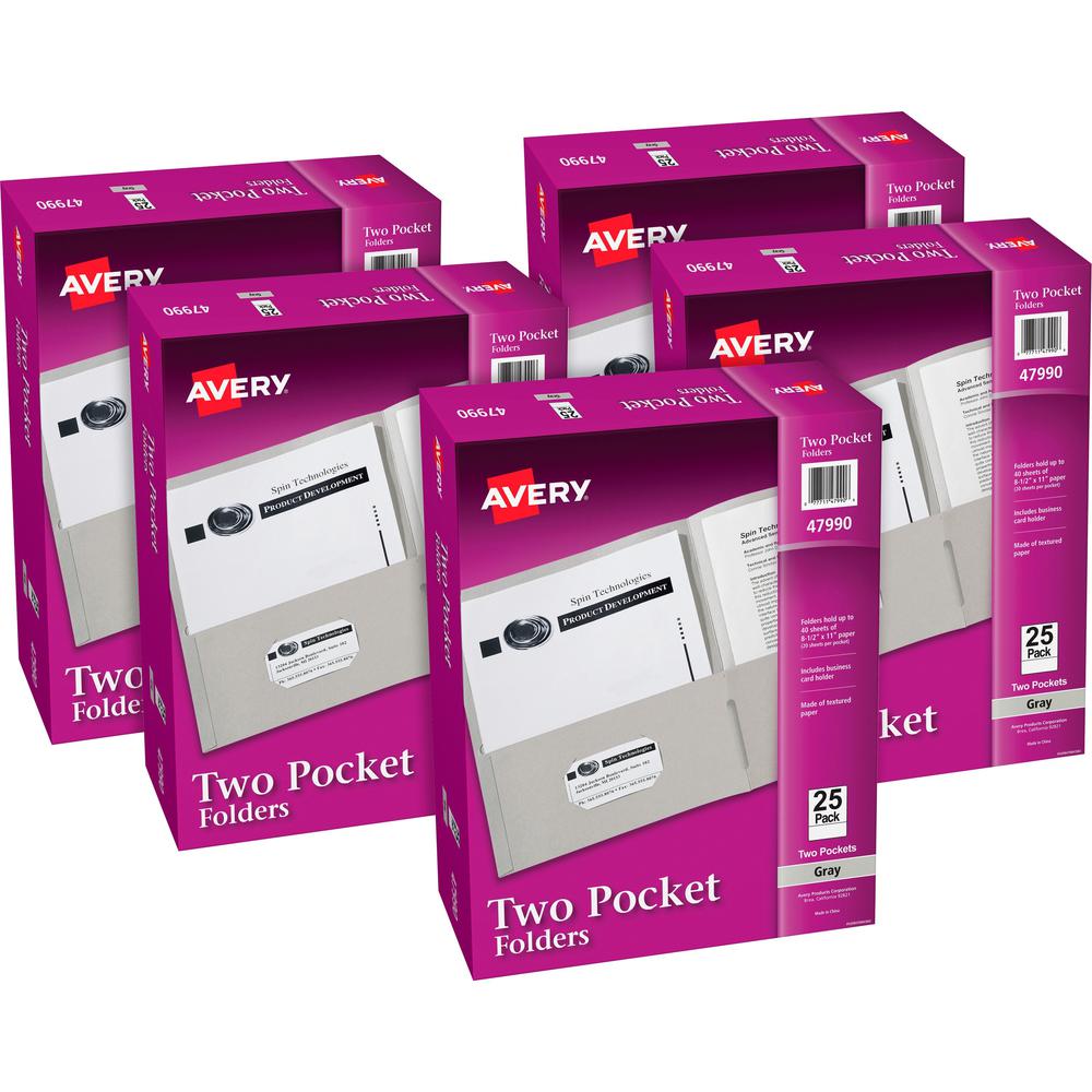 Avery&reg; Letter Pocket Folder - 8 1/2" x 11" - 40 Sheet Capacity - 2 Internal Pocket(s) - Embossed Paper - Gray - 125 / Carton. Picture 1