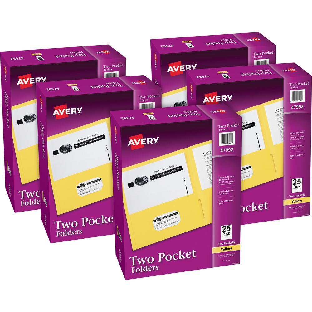 Avery&reg; Letter Pocket Folder - 8 1/2" x 11" - 40 Sheet Capacity - 2 Internal Pocket(s) - Embossed Paper - Yellow - 125 / Carton. Picture 1