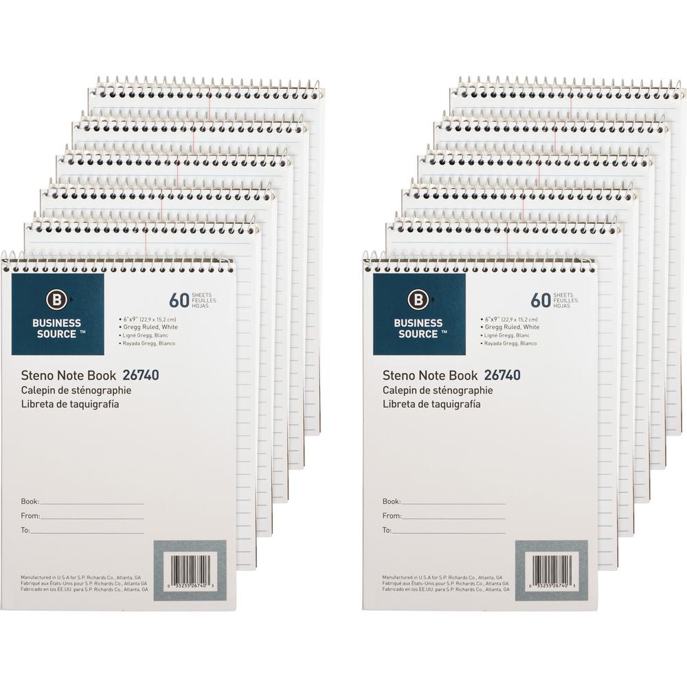 Business Source Steno Notebook - 60 Sheets - Wire Bound - Gregg Ruled Margin - 15 lb Basis Weight - 6" x 9" - White Paper - Stiff-back - 12 / Pack. Picture 1