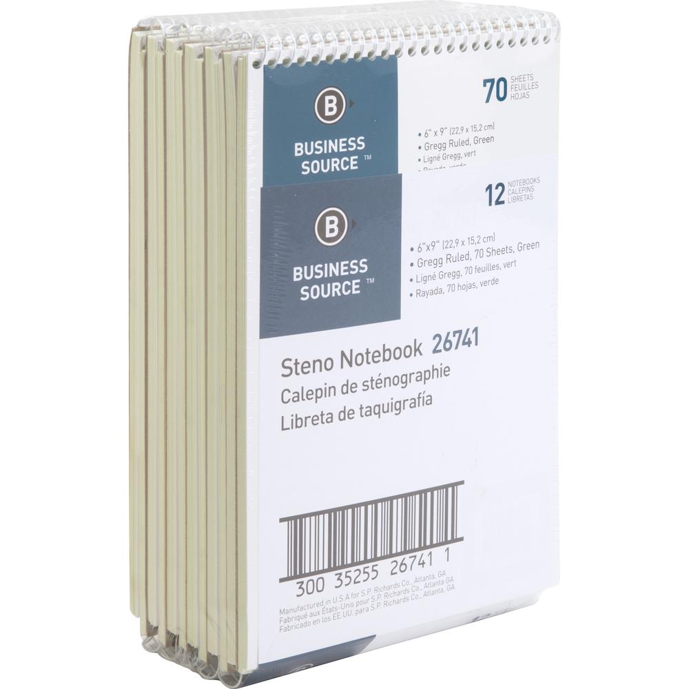 Business Source Steno Notebook - 70 Sheets - Wire Bound - Gregg Ruled Margin - 15 lb Basis Weight - 6" x 9" - Green Paper - Stiff-back - 12 / Pack. Picture 1