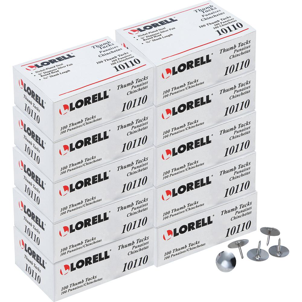 Lorell 5/16" Long Thumb Tacks - 0.31" Shank - 0.38" Head - for Schedule, Wall - 10 / Carton - Silver - Nickel Plated Steel. Picture 1