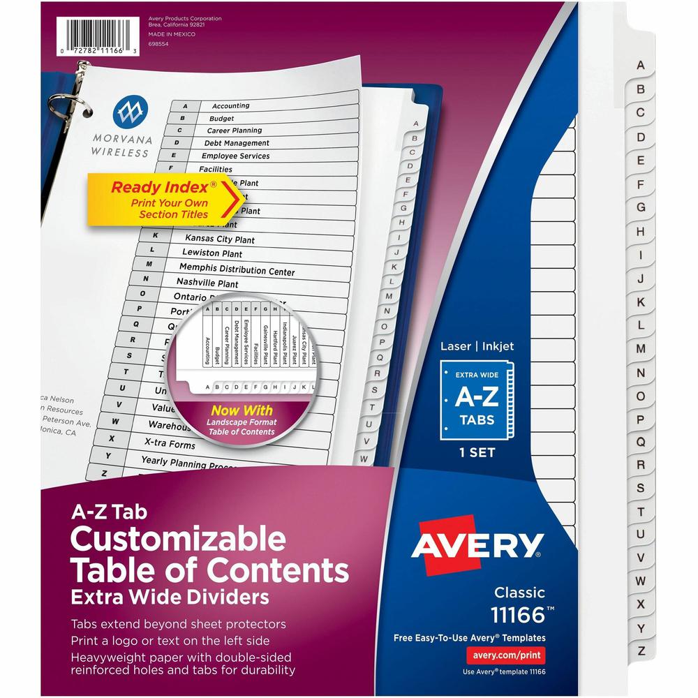 Avery&reg; Extra Wide A-Z Tabs Ready Index Dividers - 26 x Divider(s) - A-Z - 26 Tab(s)/Set - 9.3" Divider Width x 11" Divider Length - 3 Hole Punched - White Paper Divider - Black Paper, White Tab(s). Picture 1