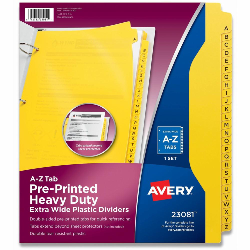 Avery&reg; Heavy-Duty Plastic A-Z Industrial Dividers - 26 x Divider(s) - 26 Tab(s) - A-Z - 26 Tab(s)/Set - 8.5" Divider Width x 11" Divider Length - 3 Hole Punched - Yellow Plastic Divider - Yellow P. The main picture.