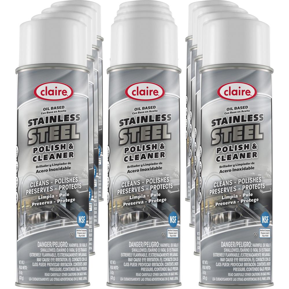 Claire Stainless Steel Polish and Cleaner - 15 fl oz (0.5 quart) - Lemon ScentCan - 12 / Pack - Non-abrasive, CFC-free - Clear. Picture 1