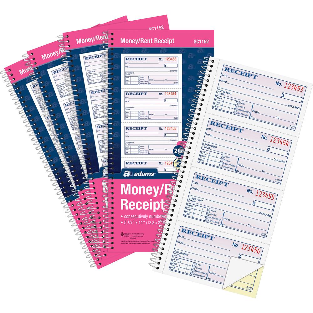 Adams Spiral 2-part Money/Rent Receipt Book - 200 Sheet(s) - Spiral Bound - 2 Part - 11" x 5.25" Form Size - White, Canary - Assorted Sheet(s) - 5 / Pack. Picture 1