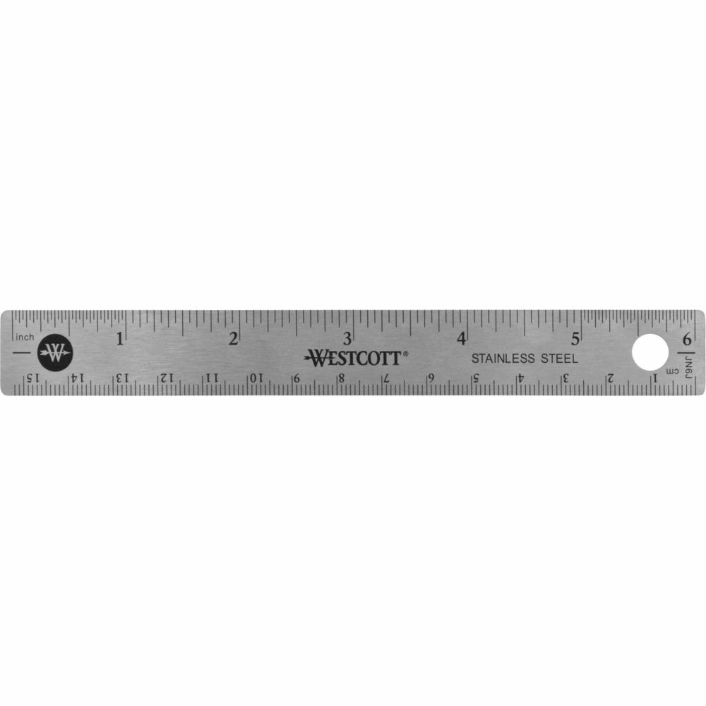 Westcott 6" Stainless Steel Rulers - 6" Length 0.8" Width - 1/16, 1/32 Graduations - Metric, Imperial Measuring System - Stainless Steel - 12 / Box - Stainless Steel. Picture 1