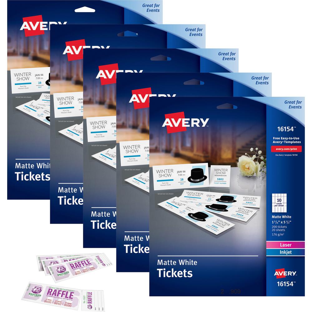 Avery&reg; Blank Tickets with Tear-Away Stubs - 1 3/4" Width x 5 1/2" Length - Laser, Inkjet - Matte White - 20 / Sheet - 1000 / Carton. Picture 1