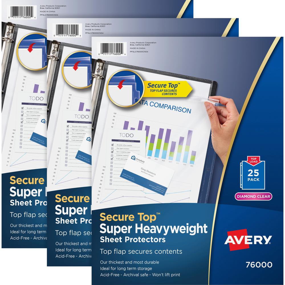 Avery&reg; Secure Top Sheet Protectors - For Letter 8 1/2" x 11" Sheet - 3 x Holes - Ring Binder - Top Loading - Clear - Polypropylene - 75 / Bundle. Picture 1