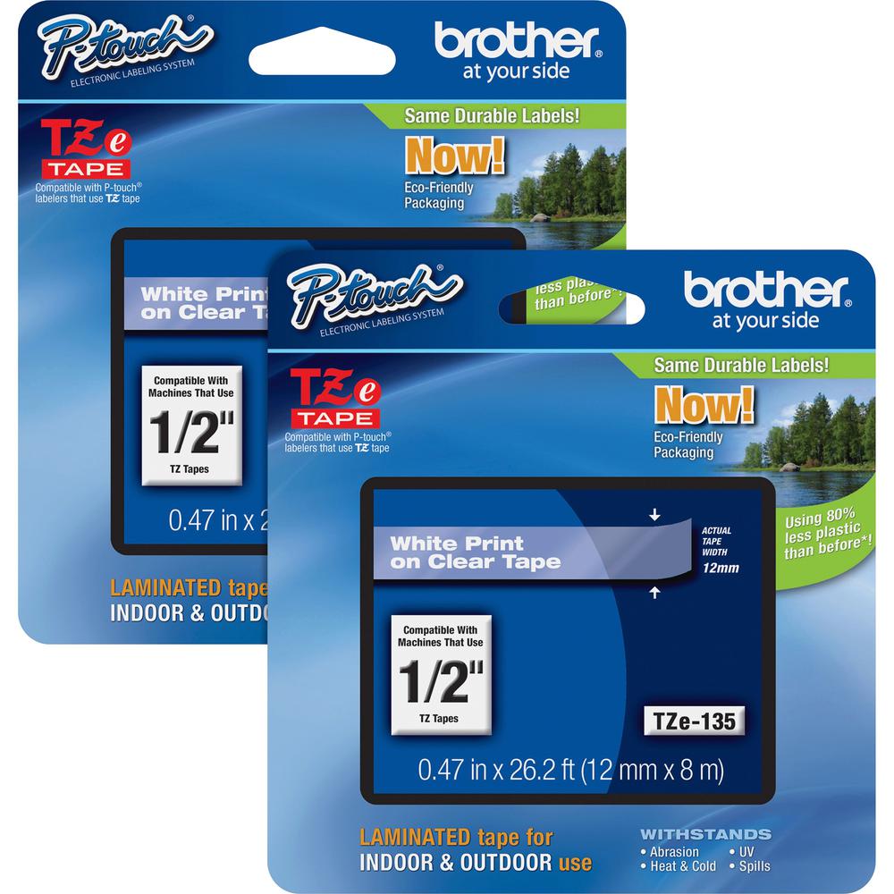 Brother P-touch TZe Laminated Tape Cartridges - 1/2" Width - White, Clear - 2 / Bundle - Water Resistant - Grease Resistant, Grime Resistant, Temperature Resistant. Picture 1