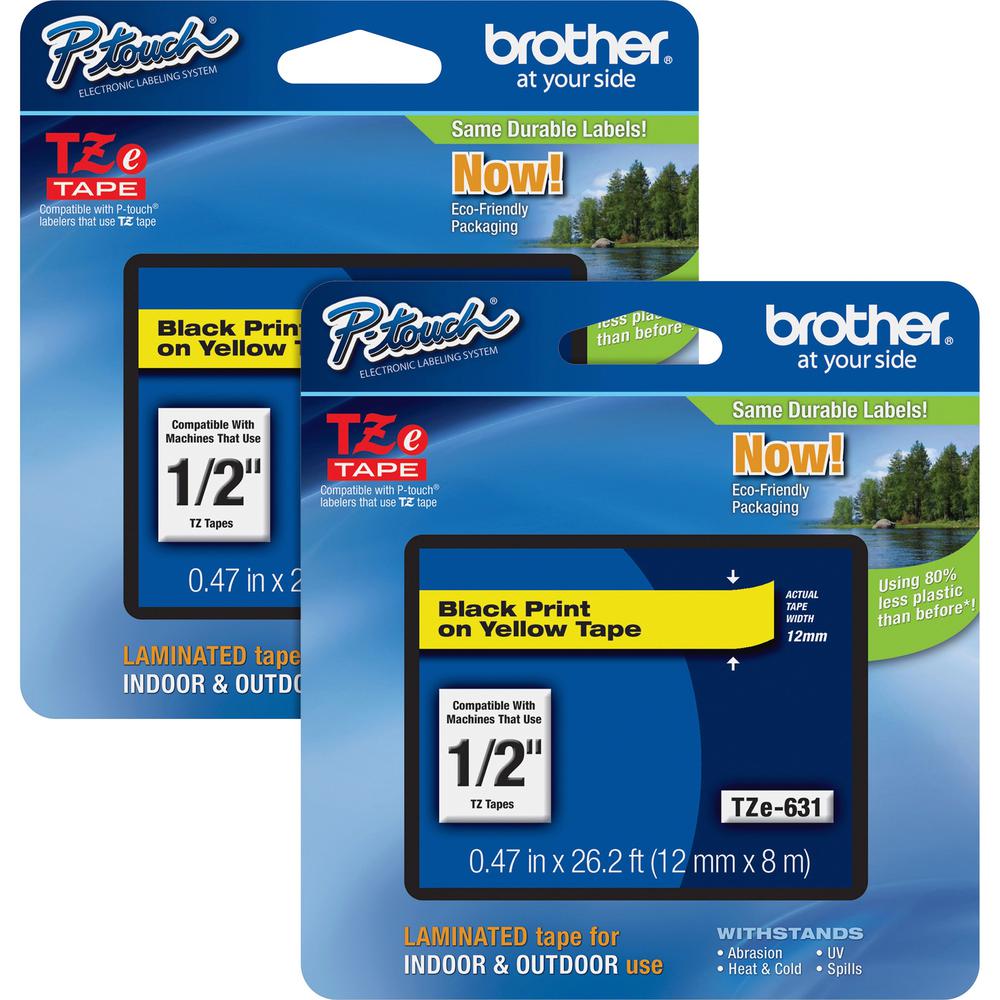 Brother P-touch TZe Laminated Tape Cartridges - 15/32" Width - Rectangle - Yellow - 2 / Bundle - Water Resistant - Grease Resistant, Grime Resistant, Temperature Resistant. Picture 1