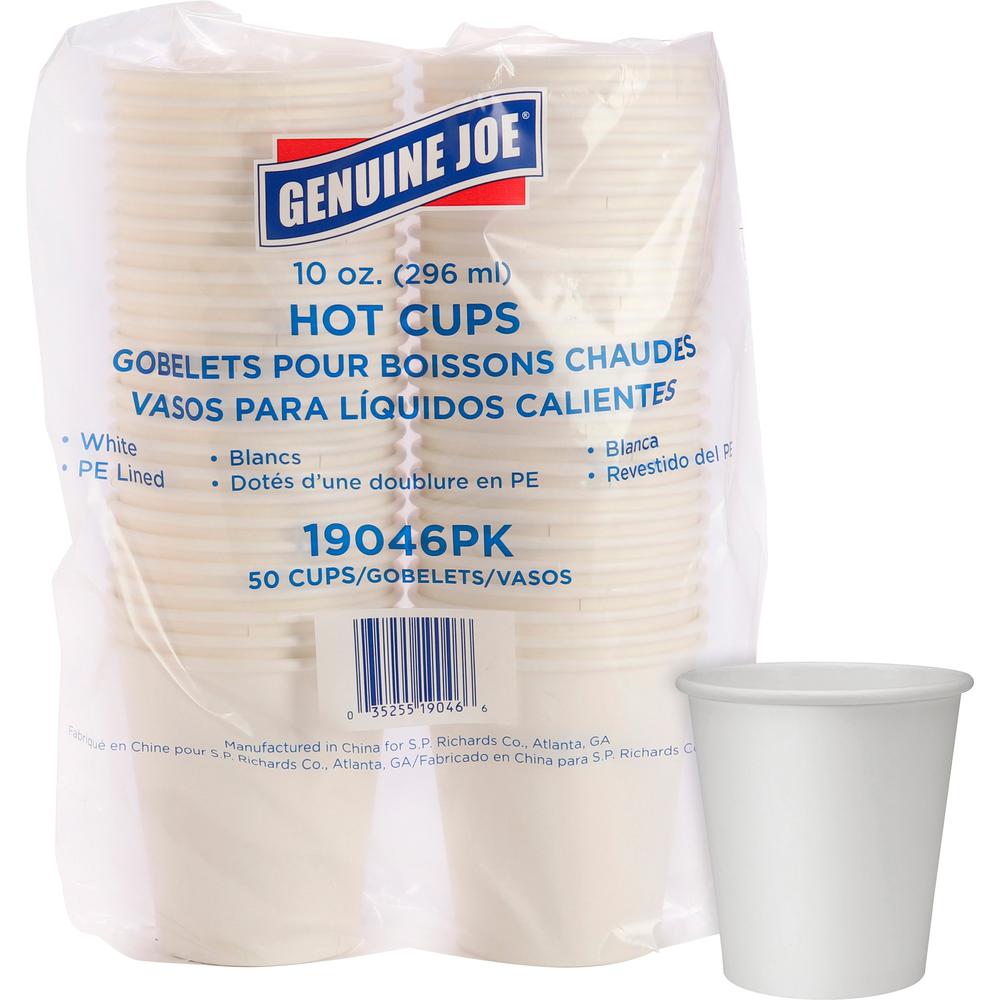 Genuine Joe 10 oz Disposable Hot Cups - 50 / Pack - 5 / Bundle - White - Polyurethane - Hot Drink, Beverage. Picture 1