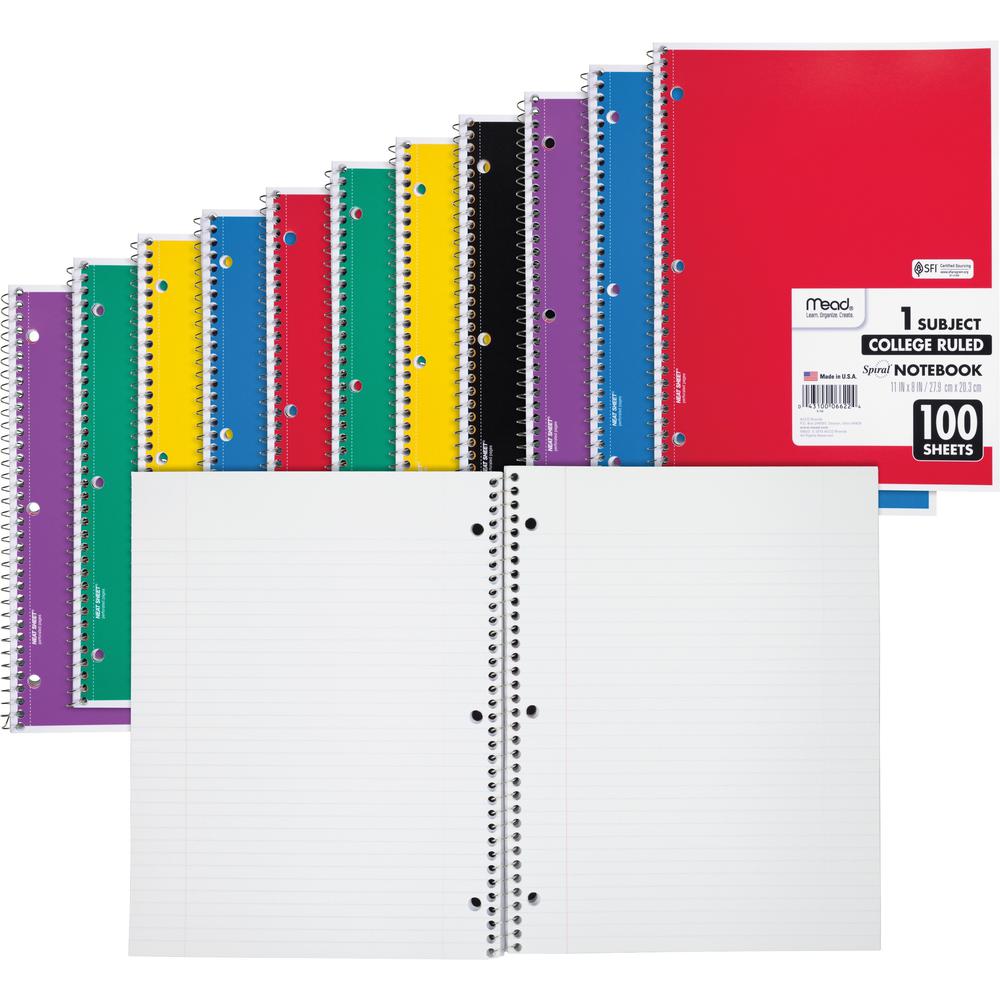 Mead One-subject Spiral Notebook - 100 Sheets - Spiral - College Ruled - 8" x 10 1/2"8" x 10.5" - White Paper - Back Board - 12 / Bundle. Picture 1