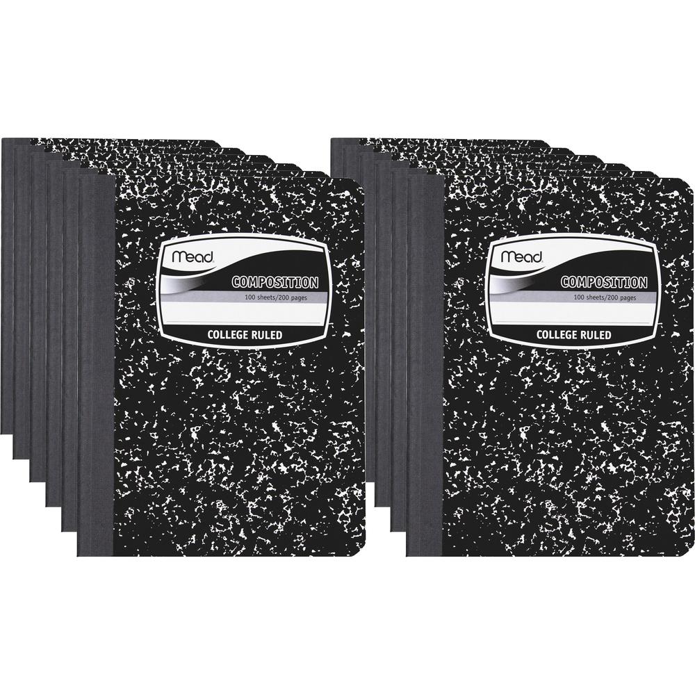 Mead Composition Book - Sewn - 7 1/2" x 9 3/4" - White Paper - Black Marble Cover - 12 / Carton. Picture 1