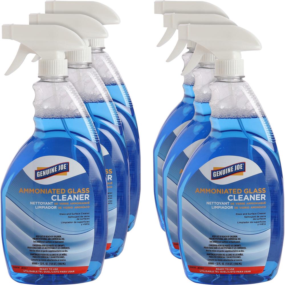 Genuine Joe Ammoniated Glass Cleaner - For Hard Surface - Ready-To-Use - 32 fl oz (1 quart) - 6 / Carton - Blue. Picture 1
