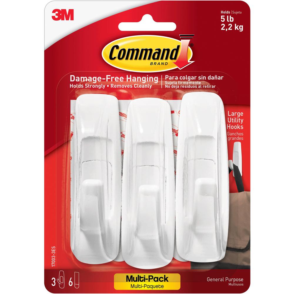 Command Large Utility Hook Value Pack - 5 lb (2.27 kg) Capacity - for Wood, Paint, Tile - Plastic - White - 3 / Pack. Picture 1