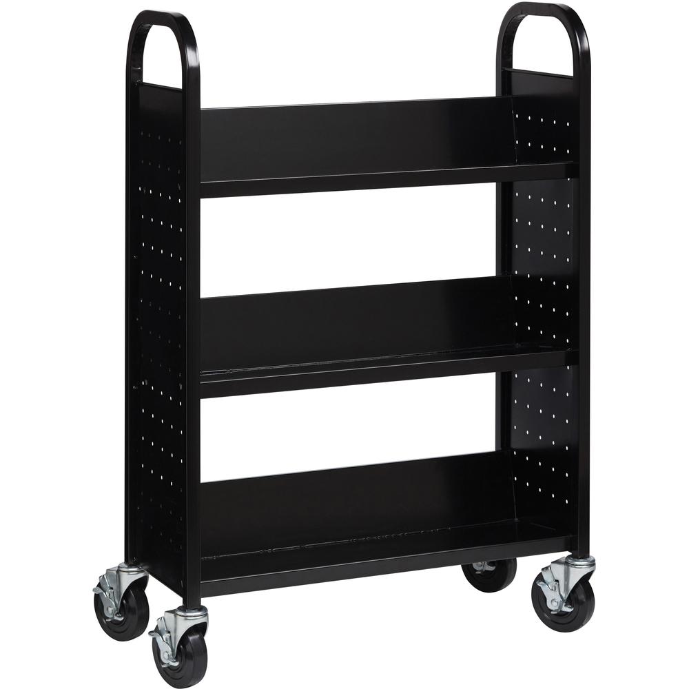 Lorell Single-sided Book Cart - 3 Shelf - Round Handle - 5" Caster Size - Steel - x 32" Width x 14" Depth x 46" Height - Black - 1 Each. Picture 1