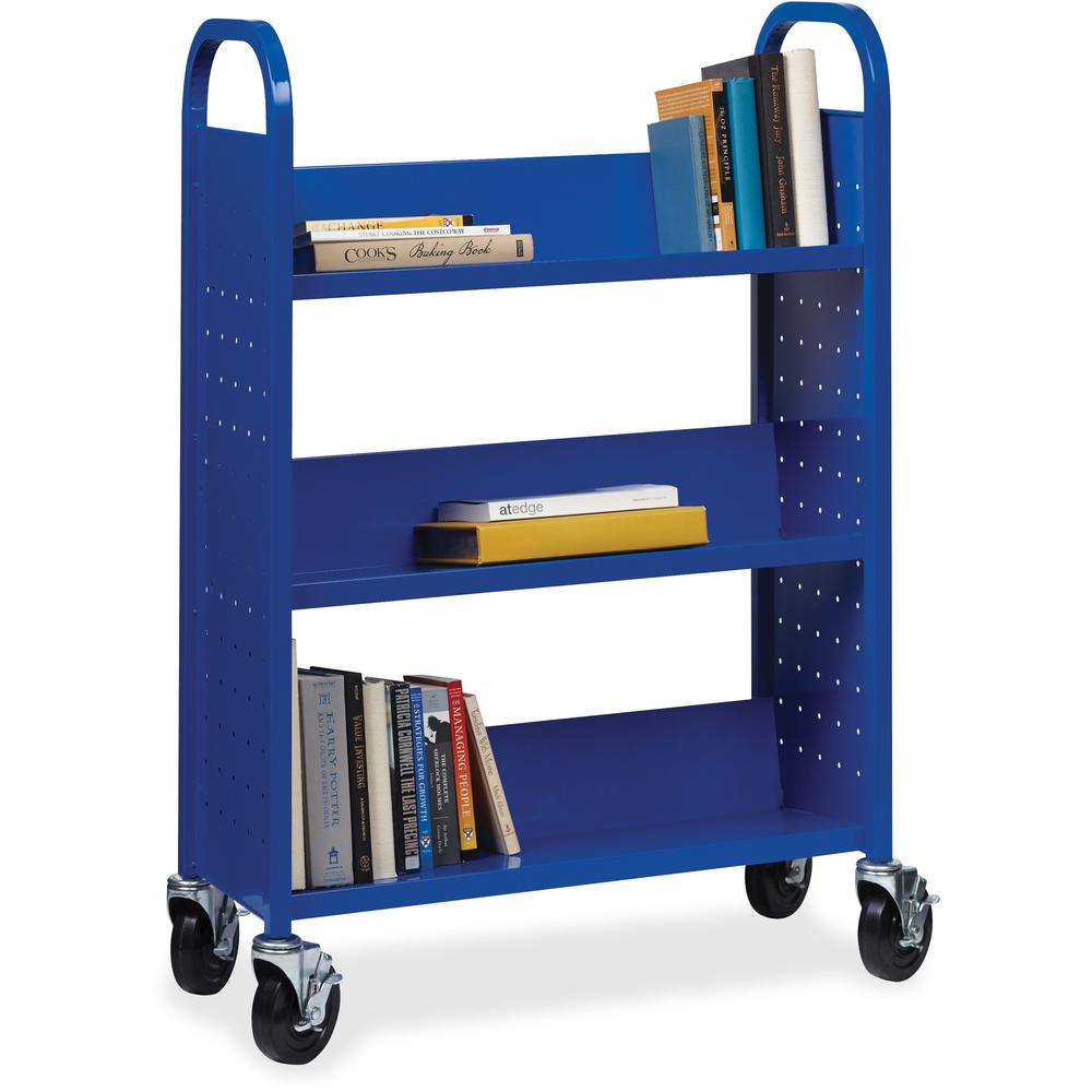 Lorell Single-sided Book Cart - 3 Shelf - Round Handle - 5" Caster Size - Steel - x 32" Width x 14" Depth x 46" Height - Blue - 1 Each. Picture 1