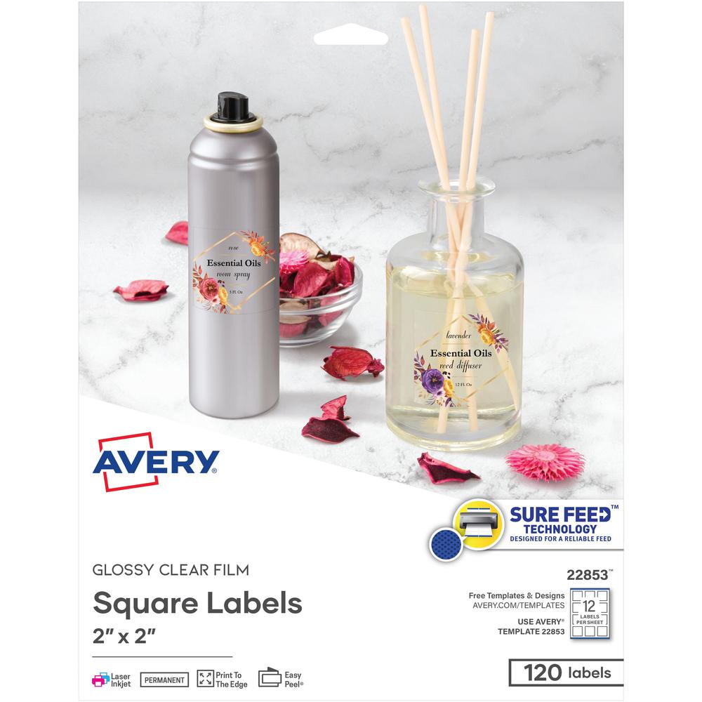 Avery&reg; Sure Feed Glossy Labels - 2" Width x 2" Length - Permanent Adhesive - Square - Laser, Inkjet - Crystal Clear - Film - 12 / Sheet - 10 Total Sheets - 120 Total Label(s) - 120 / Pack. Picture 1