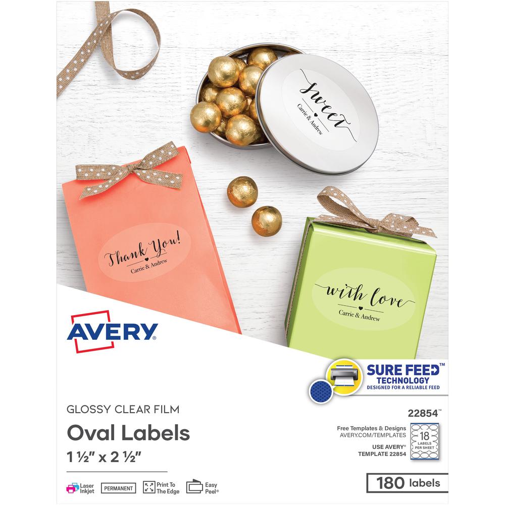 Avery&reg; Sure Feed Glossy Labels - 1 1/2" Width x 2 1/2" Length - Permanent Adhesive - Oval - Laser, Inkjet - Crystal Clear - Film - 18 / Sheet - 10 Total Sheets - 180 Total Label(s) - 180 / Pack. Picture 1