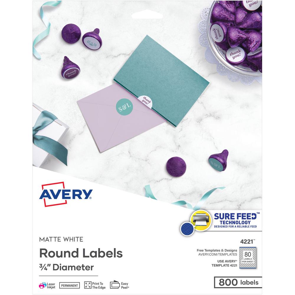 Avery&reg; Multipurpose Label - - Width3/4" Diameter - Permanent Adhesive - Round - Laser, Inkjet - White - Paper - 80 / Sheet - 10 Total Sheets - 800 Total Label(s) - 6. Picture 1