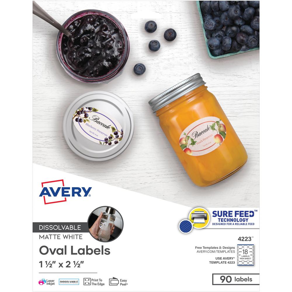 Avery&reg; Oval Dissolvable Labels - 1 1/2" Width x 2 1/2" Length - Oval - Laser, Inkjet - White - Paper - 18 / Sheet - 5 Total Sheets - 90 Total Label(s) - 90 / Pack. Picture 1