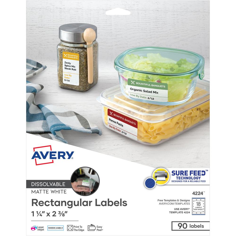 Avery&reg; Dissolvable Rectangle Labels - 1 1/4" Width x 2 3/8" Length - Rectangle - Laser, Inkjet - White - Paper - 18 / Sheet - 5 Total Sheets - 90 Total Label(s) - 90 / Pack. Picture 1