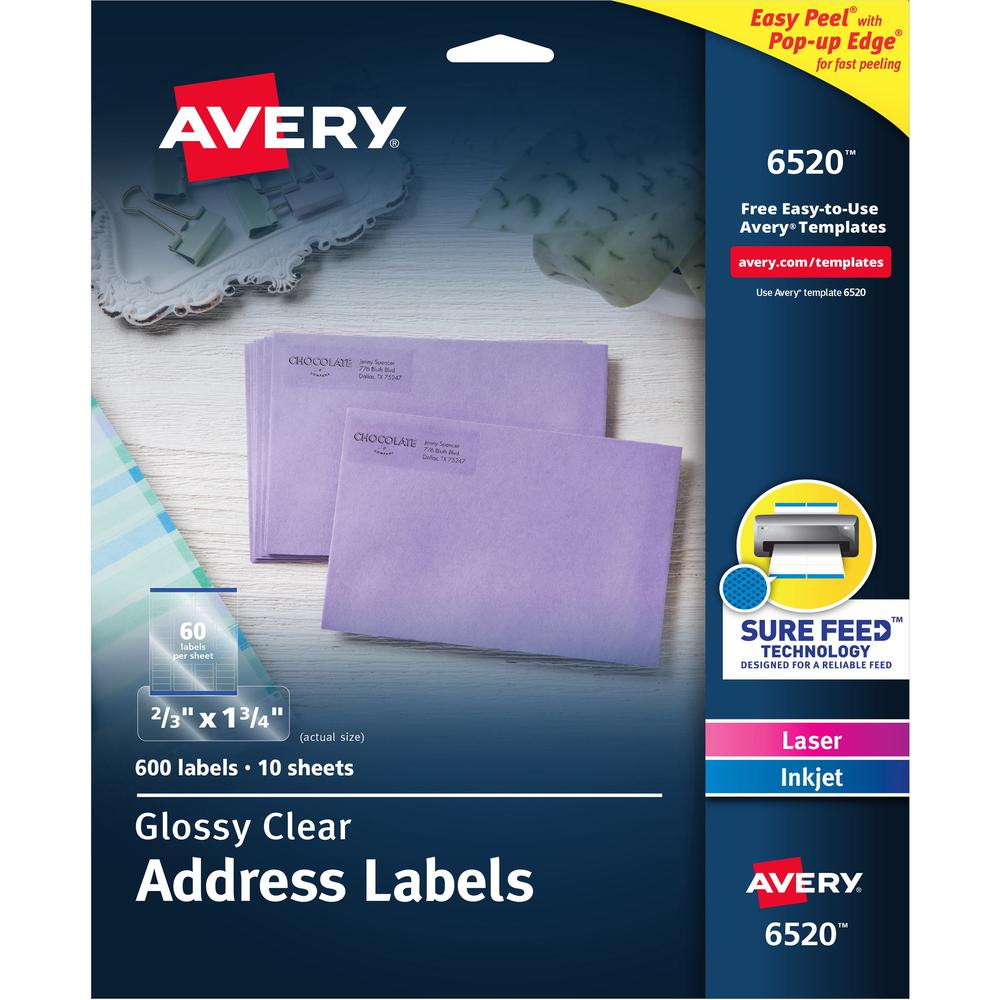 Avery&reg; Easy Peel High Gloss Clear Mailing Labels - 21/32" Width x 1 3/4" Length - Permanent Adhesive - Rectangle - Laser, Inkjet - Clear - Film - 60 / Sheet - 10 Total Sheets - 600 Total Label(s) . Picture 1