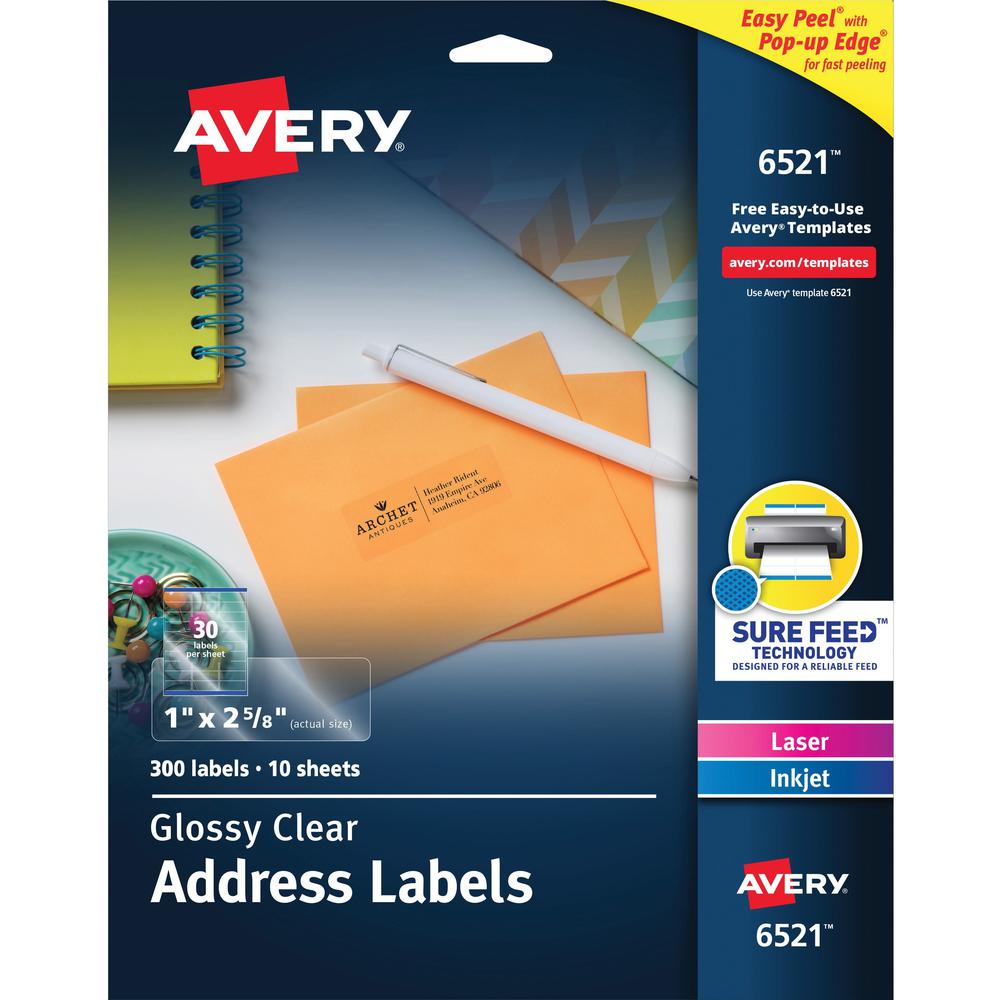 Avery&reg; Easy Peel High Gloss Clear Mailing Labels - 1" Width x 2 5/8" Length - Permanent Adhesive - Rectangle - Laser, Inkjet - Clear - Film - 30 / Sheet - 10 Total Sheets - 300 Total Label(s) - 30. The main picture.