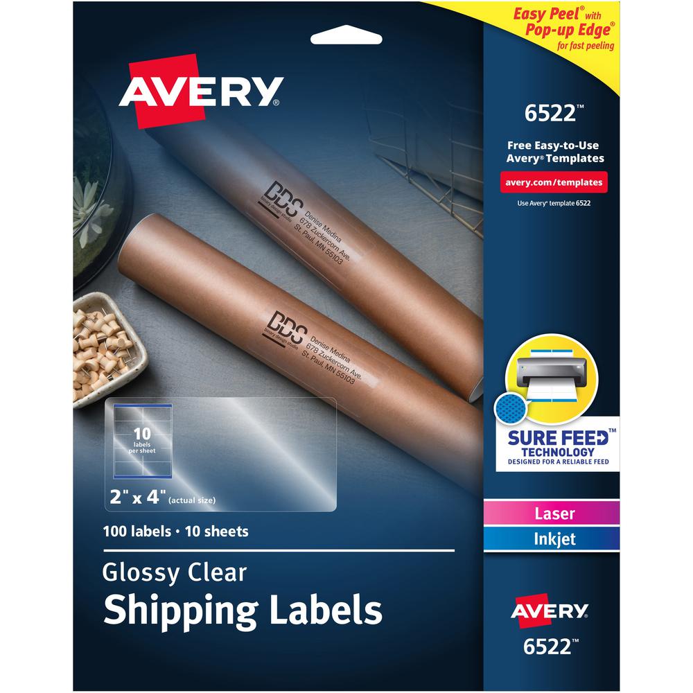 Avery&reg; Shipping Labels, Glossy Clear, 2" x 4" , 100 Labels (6522) - 2" Width x 4" Length - Permanent Adhesive - Rectangle - Laser, Inkjet - Clear - Film - 10 / Sheet - 10 Total Sheets - 100 Total . Picture 1